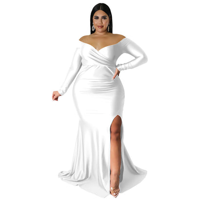 Plus Size Women Clothes Sexy Dress Nightclub V neck Formal Dress Solid Color Split Maxi Dress Autumn Winter Women 