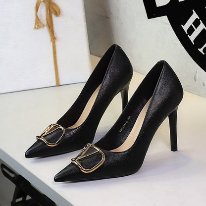 Metal V Buckle Pointed Toe Sexy Super High Heel Stiletto Heel Slip on Pana Pattern Pumps Women  DestGlow