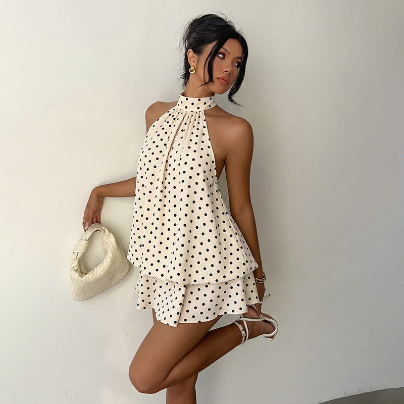 Summer Retro Vacation Short Dress Polka Dot Halter Backless Dress  DestGlow