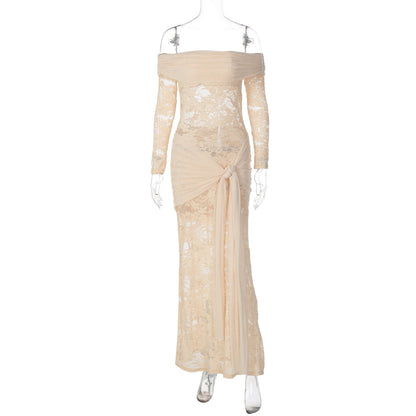 Women Clothing Autumn Elegant Lace Patchwork Maxi Dress off Shoulder Long Sleeve Tied Dress by Ragazza
