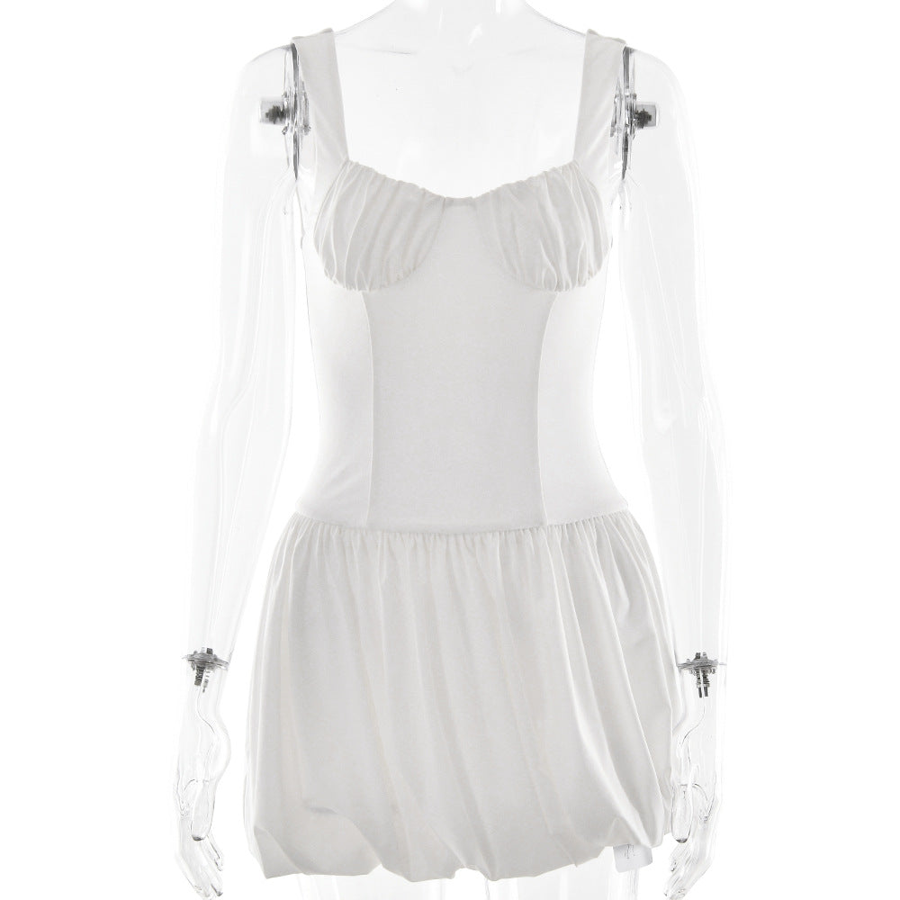Strap Tube Top Dress Sexy Waist Trimming Solid Color Pleated Sleeveless Dress by Ragazza