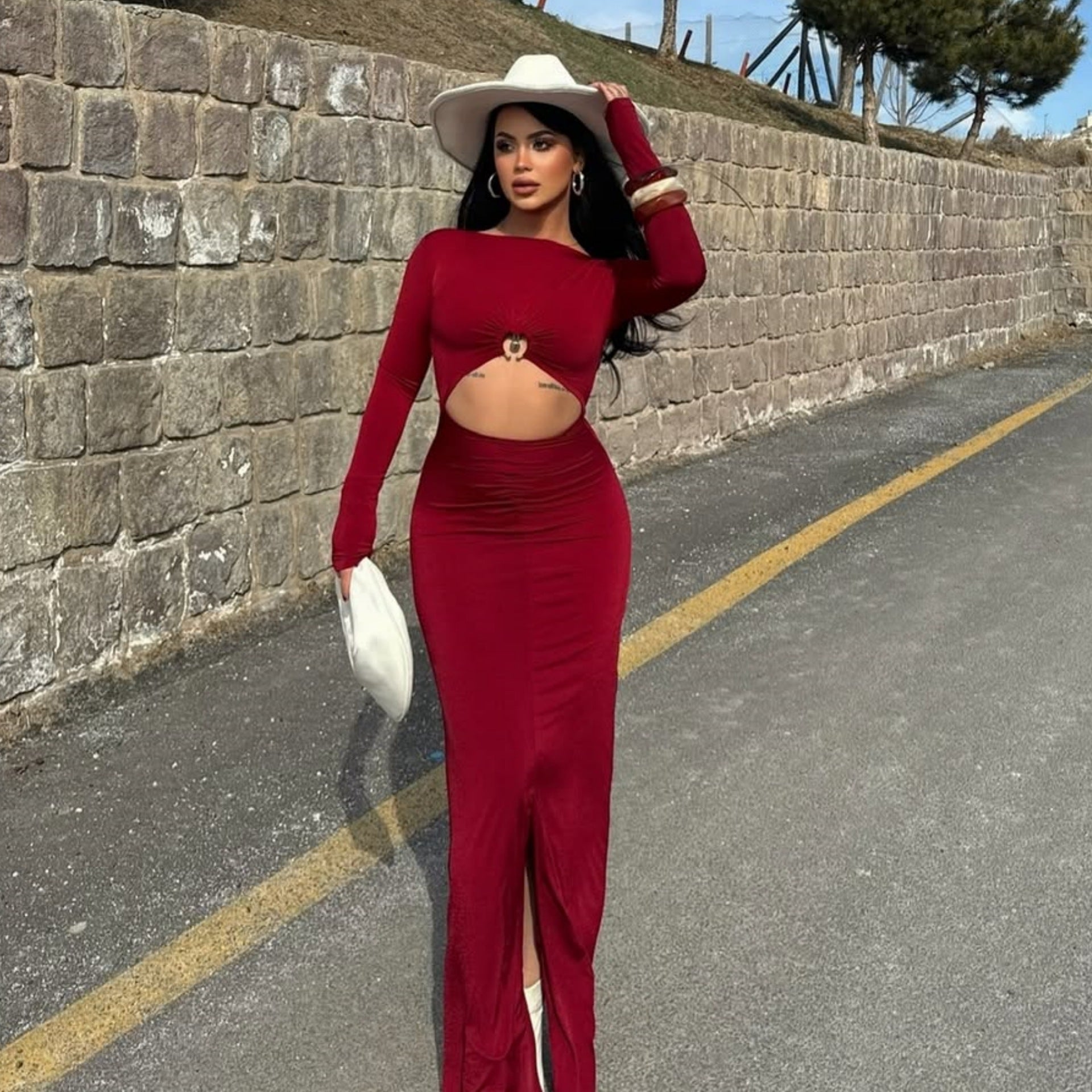 Women Clothing Maxi Dress Hollowed out Long Sleeve Dress by Ragazza