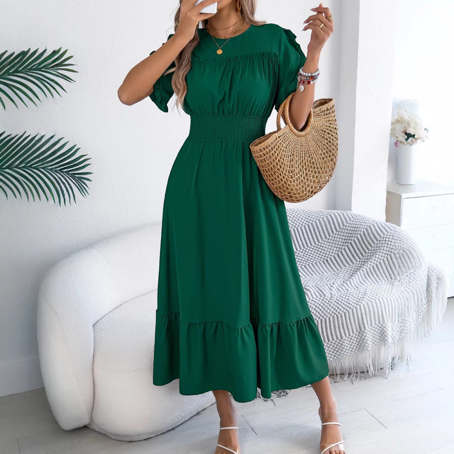 Spring Summer Casual Stringy Selvedge Short Sleeve Smocking Waist Controlled Large Hem Maxi Dress Women Clothing  DestGlow