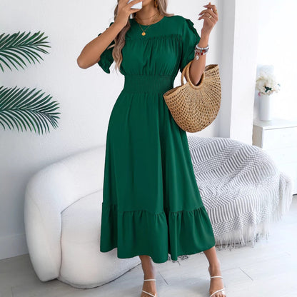 Spring Summer Casual Stringy Selvedge Short Sleeve Smocking Waist Controlled Large Hem Maxi Dress Women Clothing  DestGlow