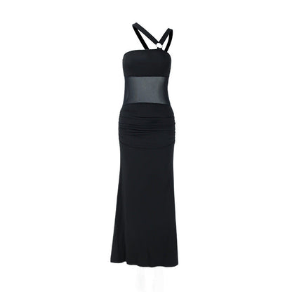 Women Clothing Summer Irregular Asymmetric Shoulder Wrapped Chest Slim Mesh Stitched Backless Niche Dress by Ragazza