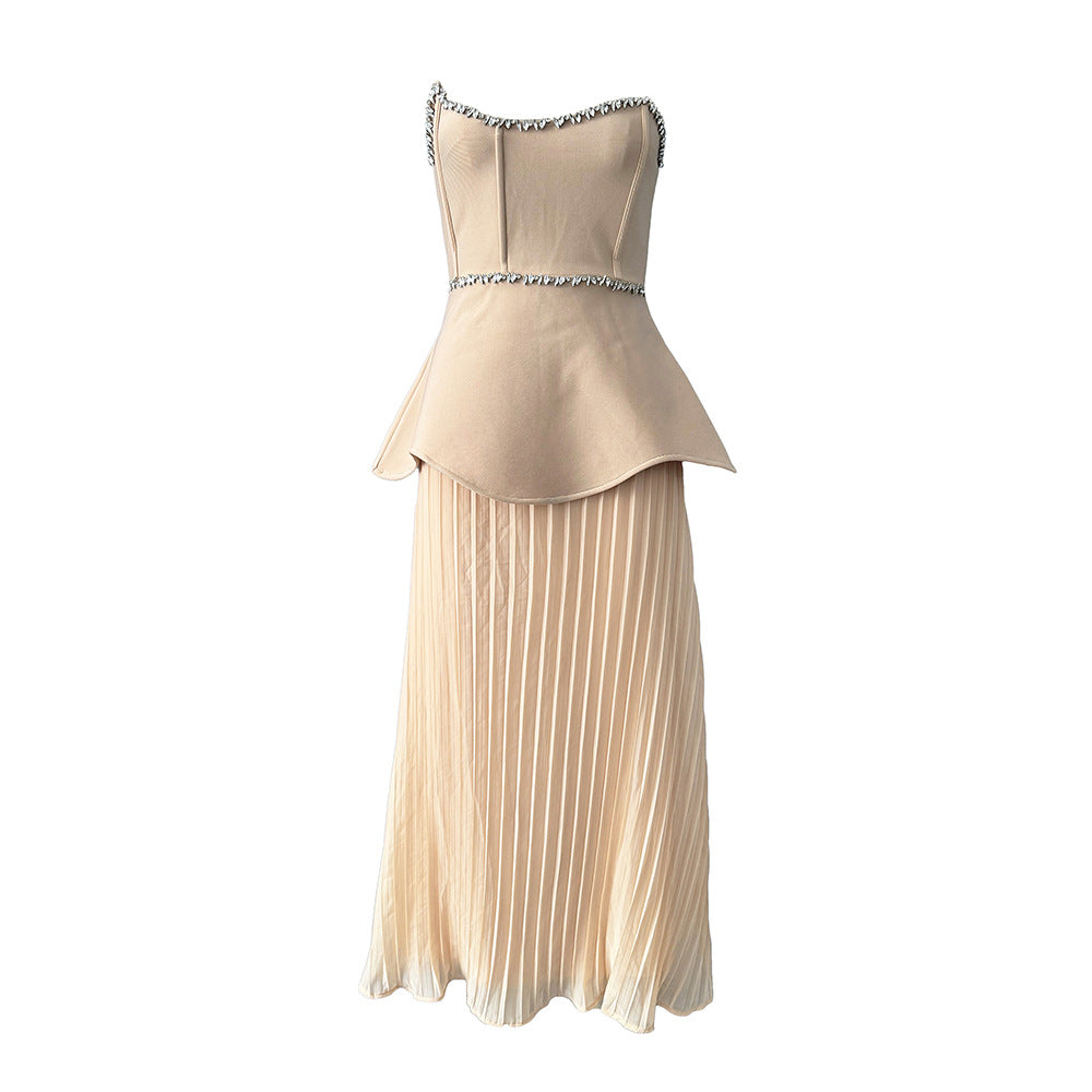 Tube Top Diamond Stitching Bandage Dress Party Elegant Dress Faux Two Piece Pleated Dress