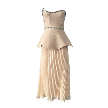 Tube Top Diamond Stitching Bandage Dress Party Elegant Dress Faux Two Piece Pleated Dress