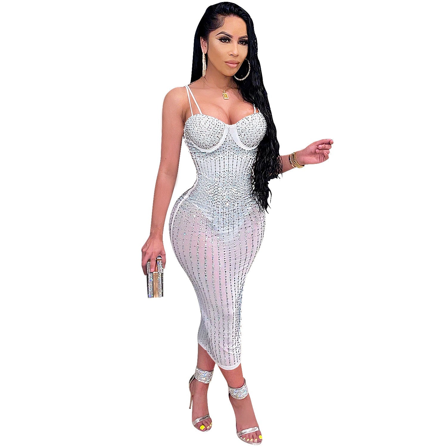 Women Wear Party Nightclub Mesh See through Rhinestone Diamond Strap Dress by Ragazza