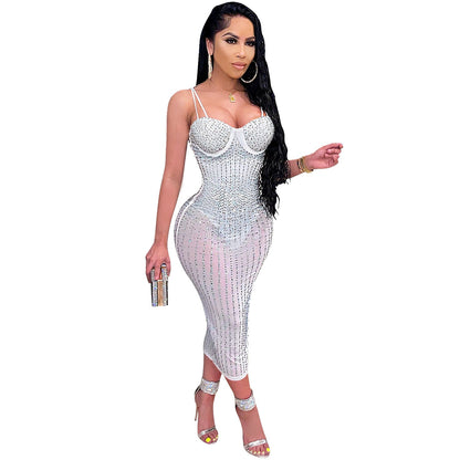 Women Wear Party Nightclub Mesh See through Rhinestone Diamond Strap Dress by Ragazza