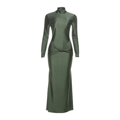 Autumn Winter Slim Waist Half Turtleneck Pleated Solid Color Maxi Dress Dress Women by Ragazza