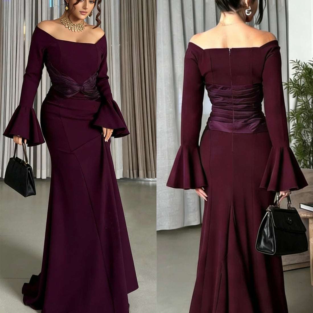 Women Clothes Long Sleeve off Shoulder Stitching Ruffle Slim Dress by Ragazza