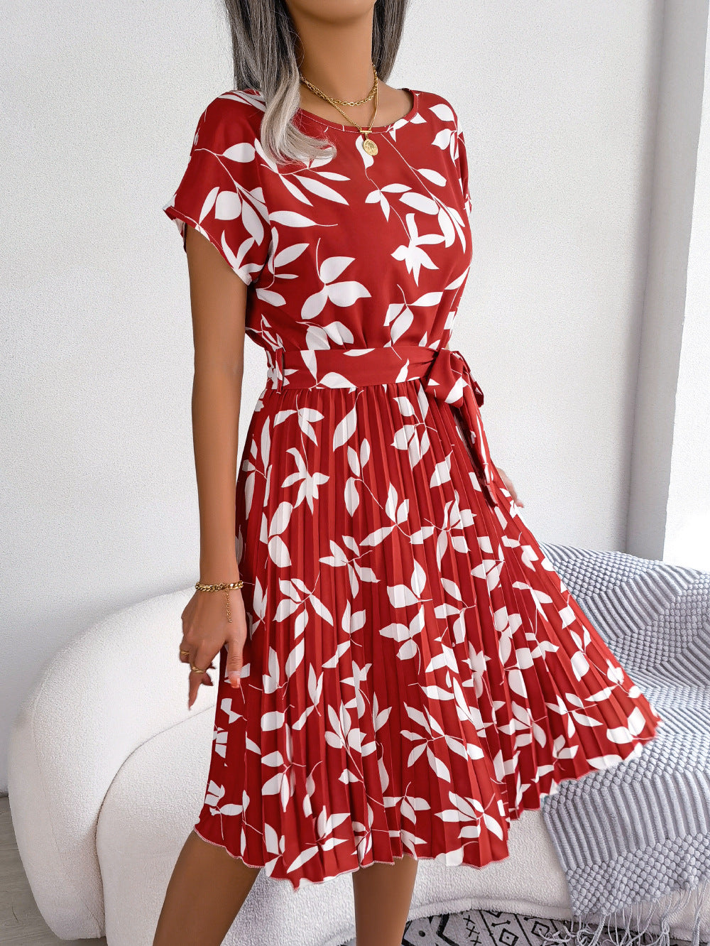 Spring Summer Casual Leaves Short Sleeve Large Swing Pleated Dress Women Clothing by Ragazza