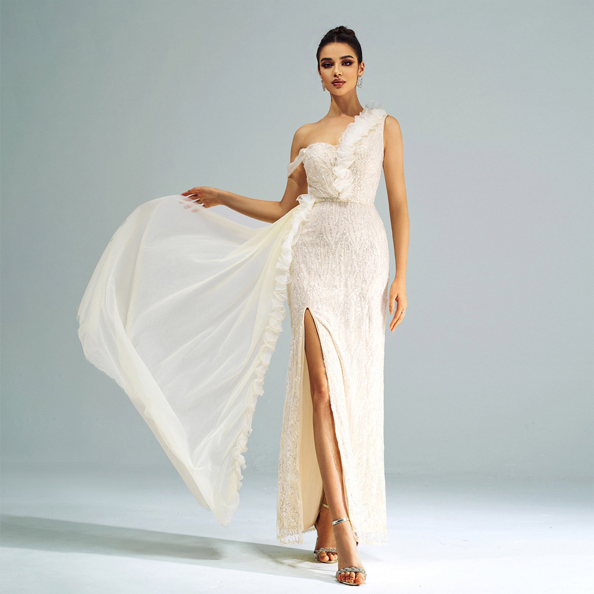 High Class Elegant Sleeveless One Shoulder Cold Shoulder Cocktail Sheath Sequined Split Evening Dress by Ragazza