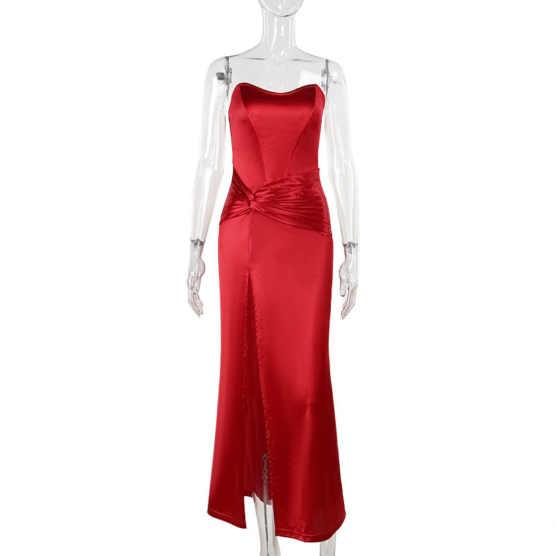Autumn Socialite Elegant Sexy Twisted Waist Split Tube Top Satin Dress by Ragazza