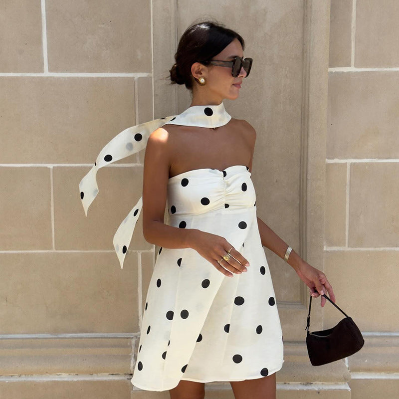 Elegant Expensive Tube Top Dress Loose Polka Dot Printed Short Dress with Scarf by Ragazza