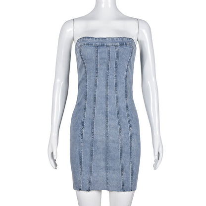 Denim Spring Summer Sexy Backless Wash Chest Wrapped Dress Women by Ragazza