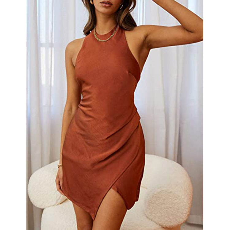 Women Clothing Solid Satin Halter Backless Slit Mini Dress Gown by Ragazza