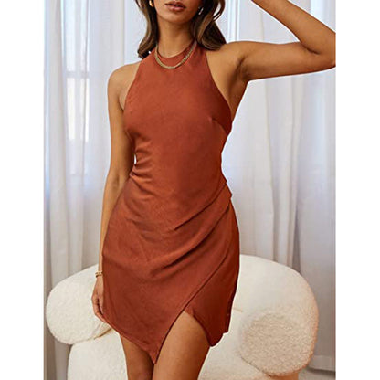 Women Clothing Solid Satin Halter Backless Slit Mini Dress Gown by Ragazza