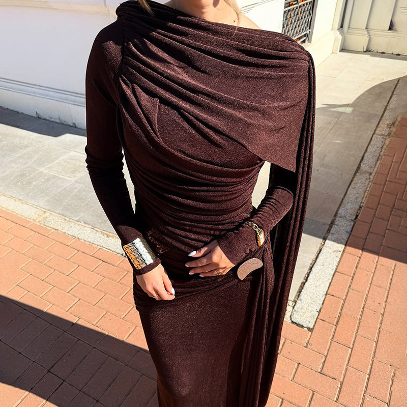 Autumn Winter Slim Fitted Waist Pleated Ribbon Solid Color Maxi Dress by Ragazza