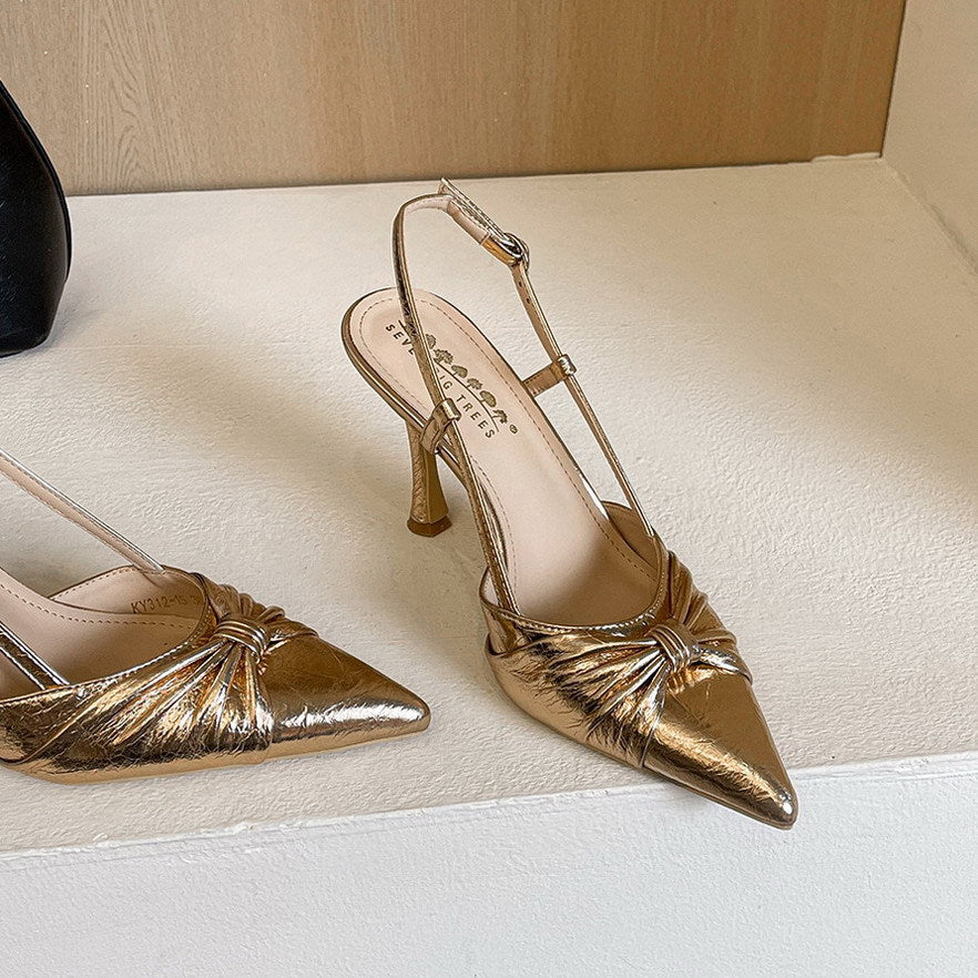 Nightclubs Goddess Stiletto Heels Bow Twisted Pana Pointed Toe Buckle Outdoor Sandals  DestGlow