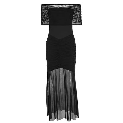 Women Clothing Autumn Tube Top Pleated Mesh Slim Fit Patchwork Dress Two Piece Set by Ragazza