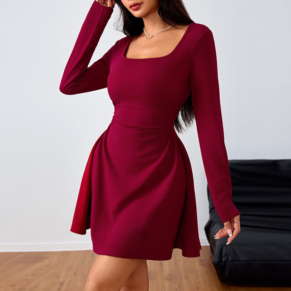Spring Summer Women Clothing Square Collar Elegant Dress High Waist Design Dress  DestGlow