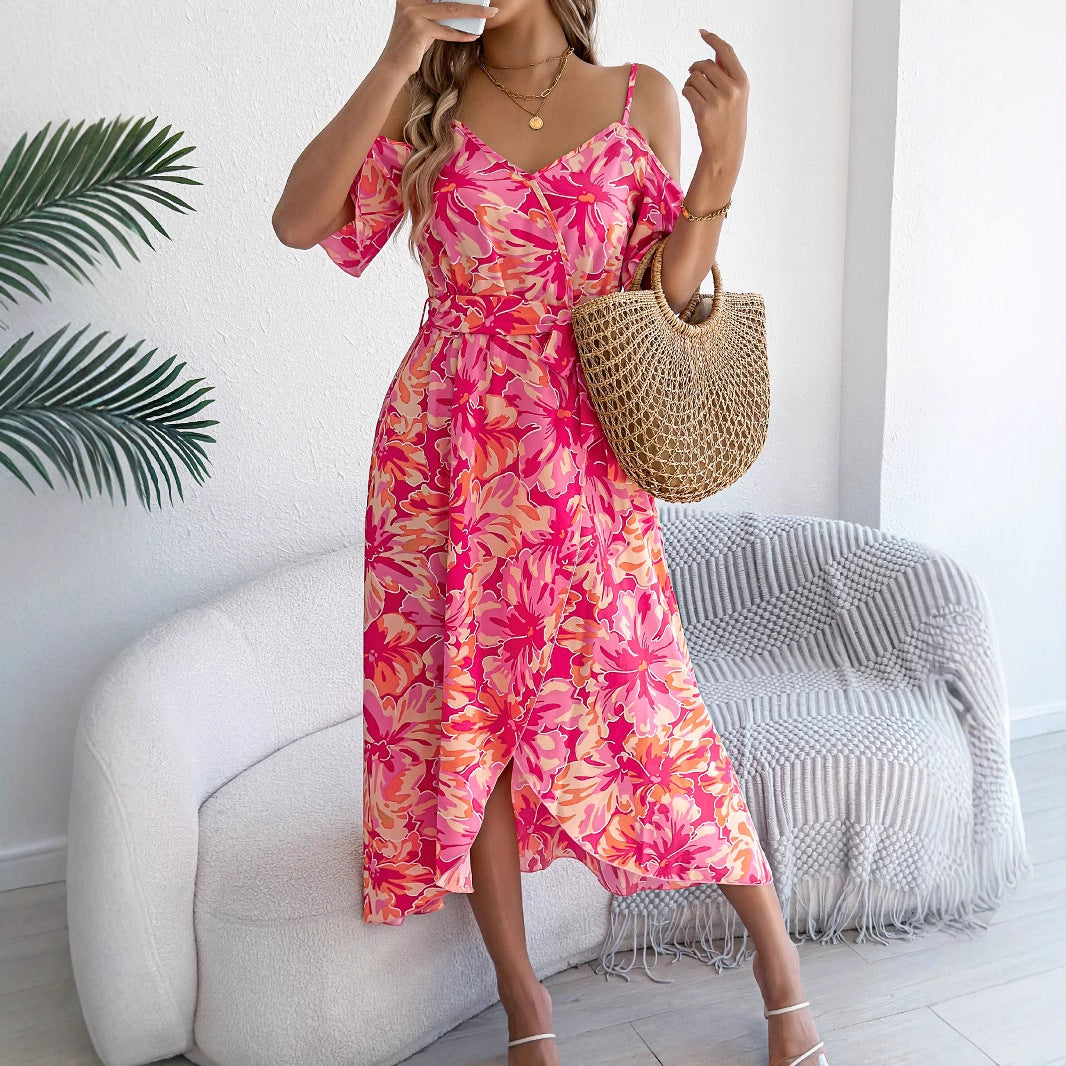 Spring Summer Strapless Cross V neck Floral Strap Dress Holiday Dress Women Clothing by Ragazza