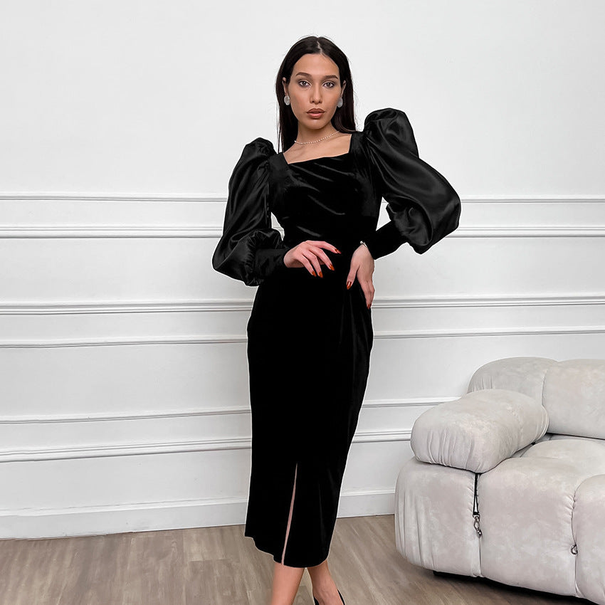 Black Sexy Elegant Square Collar Puff Sleeve Knitted Korean Velvet Straight Slim Fit Dress by Ragazza