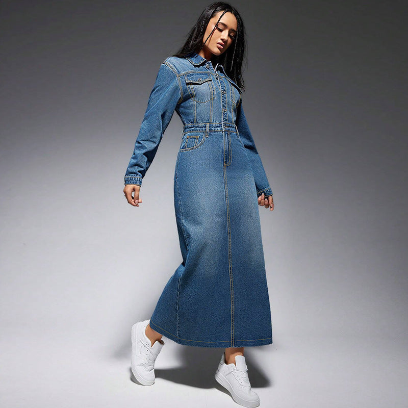 Women Clothing Women Long Sleeve Collared Button Split Maxi Dress by Ragazza