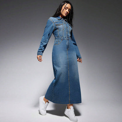 Women Clothing Women Long Sleeve Collared Button Split Maxi Dress by Ragazza