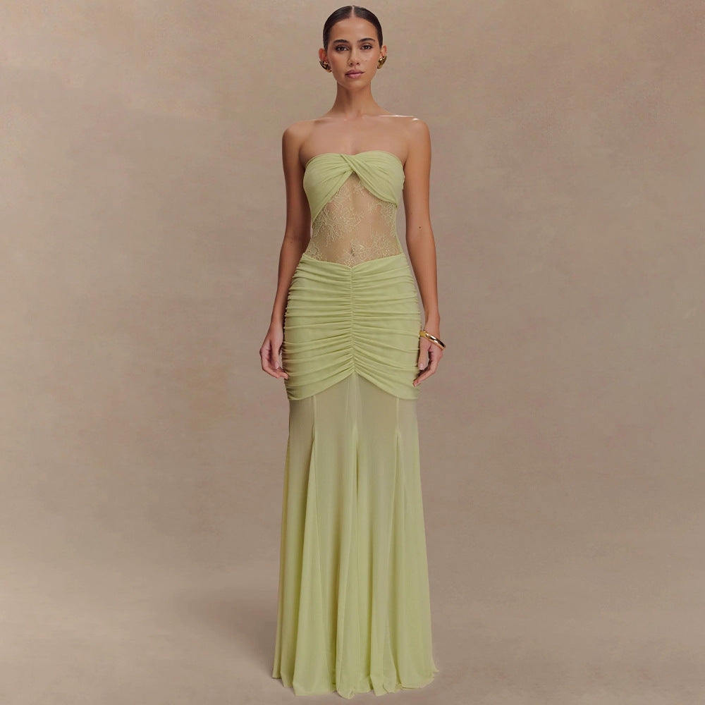 Summer Sleeveless Tube Top Dress Sexy Pleated Hollow Out Cutout Slim Dress for Women by Ragazza