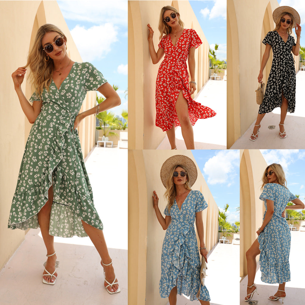 Summer Sexy Chiffon Printed V-neck Dress Ruffled Beach Dress by Ragazza