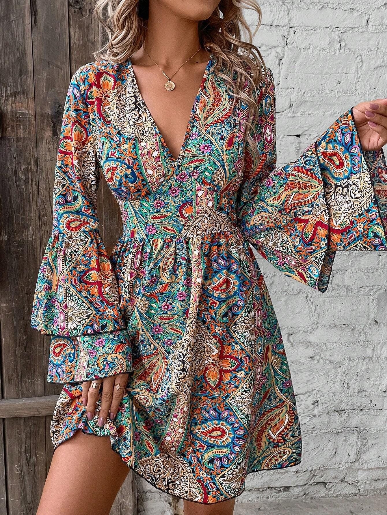 Autumn Winter Elegant Women Floral Print V neck Flare Sleeve Dress by Ragazza