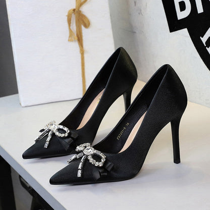 French Elegant Rhinestone Bow Super High Heel Women Shoes Pointed Toe Shallow Mouth Stiletto Heel Pumps