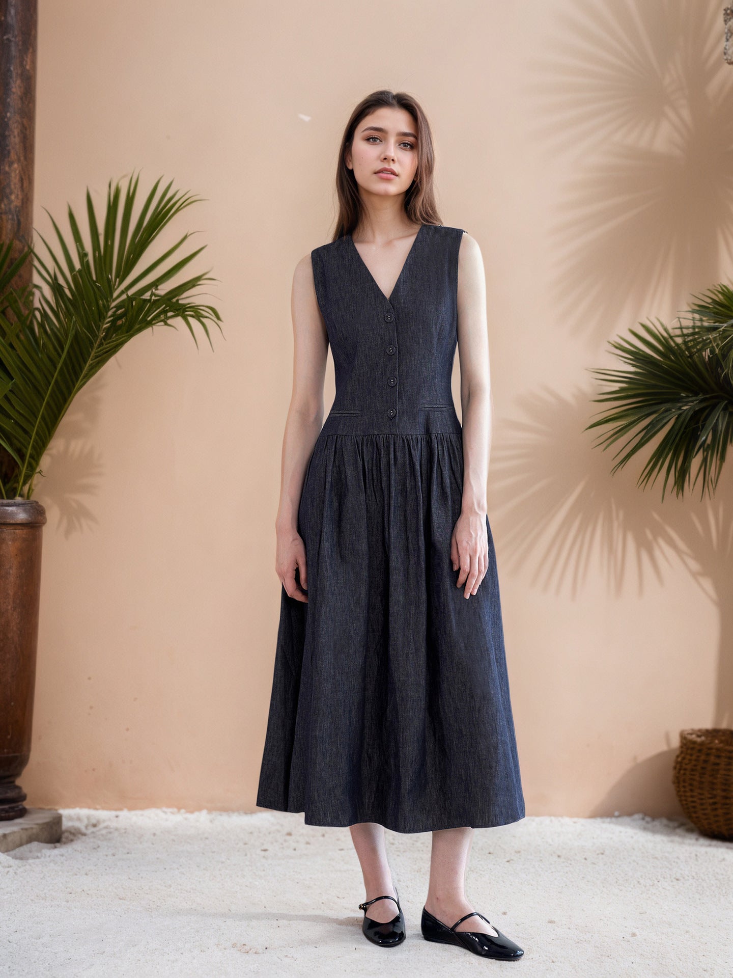 Summer Design V neck Pocket Midi Dress Simple Graceful Casual Loose Sleeveless Dress by Ragazza