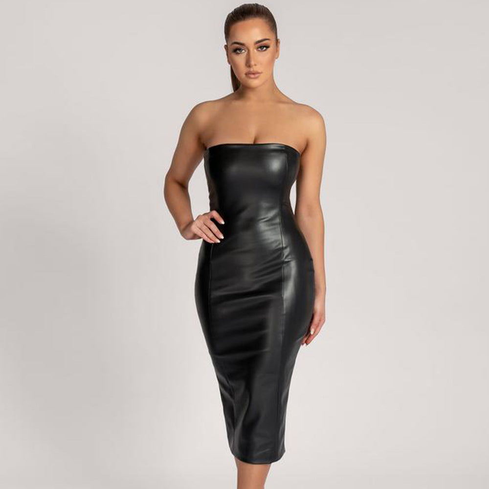 Autumn Winter Solid Color Faux Leather Elegant Slim-Fit Tube Top Back Slit Sexy Midi Dress by Ragazza