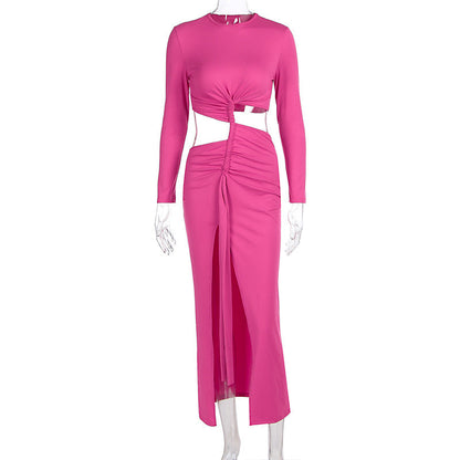 Autumn Winter Women Clothing Fashionable Pleated round Neck High Slit Slim Fit Long Sleeved Dress  DestGlow