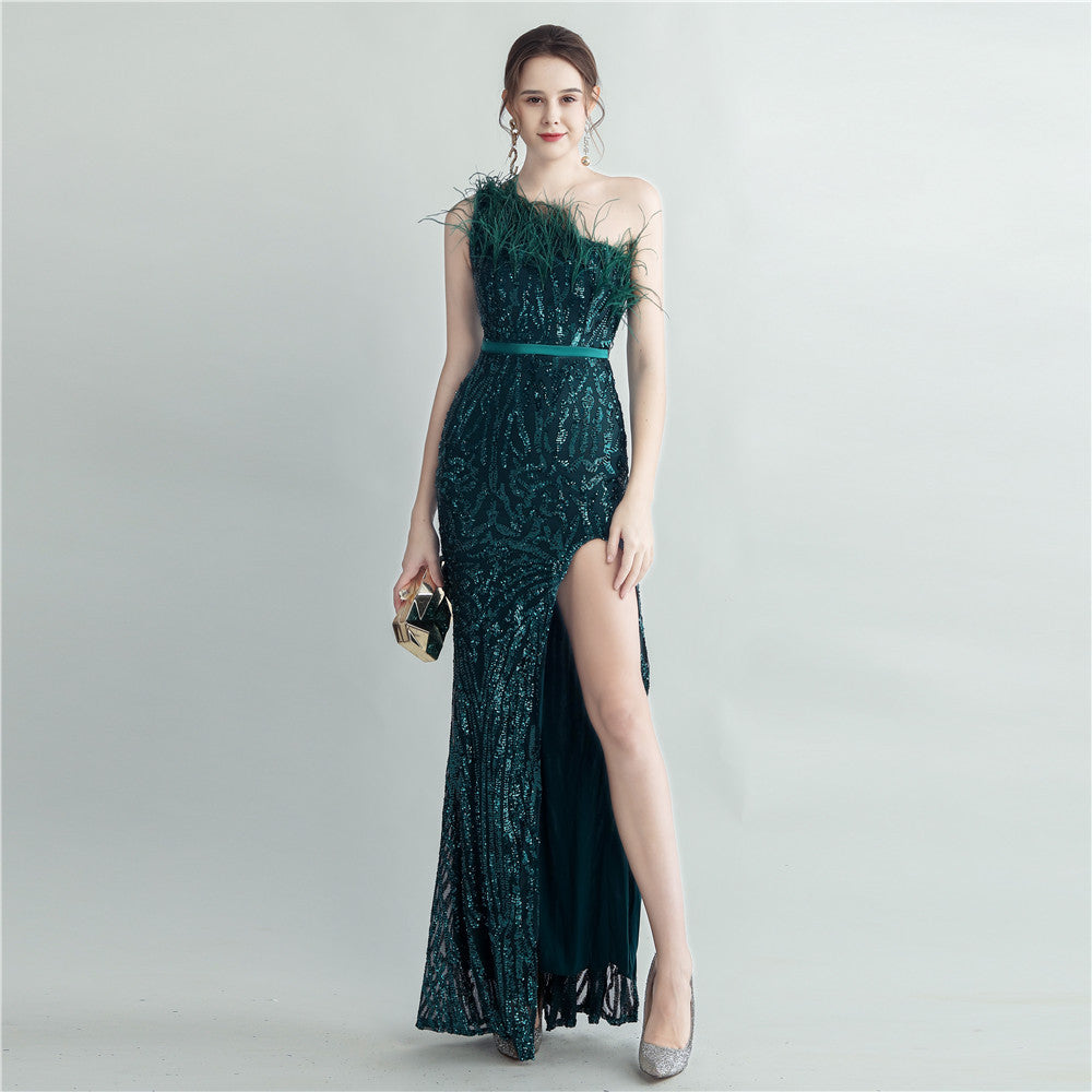Heavy Industry Ostrich Hair Craft Bundle Hair Oblique Shoulder Side Slit High End Evening Dress by Ragazza