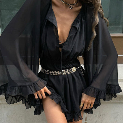 Mesh See through Long Sleeve Square Neck Lace up Black Dress Spring Summer Dress Fitted Waist Pleated A line Dress by Ragazza