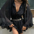 Mesh See through Long Sleeve Square Neck Lace up Black Dress Spring Summer Dress Fitted Waist Pleated A line Dress by Ragazza