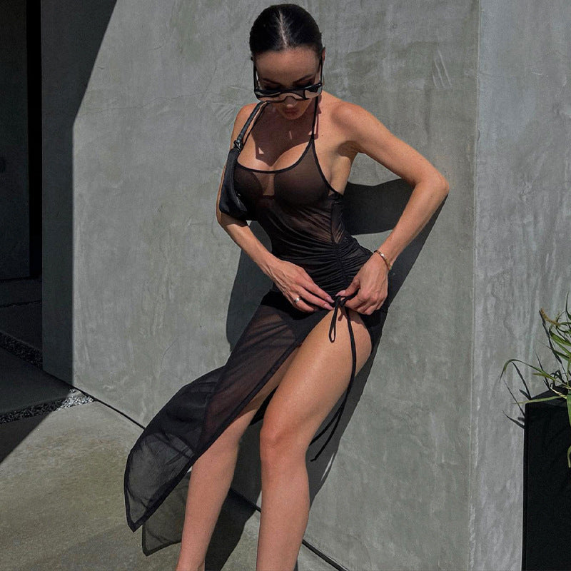 Women Clothing Summer Mesh Sexy See through Slit Slim Fitting Dress by Ragazza