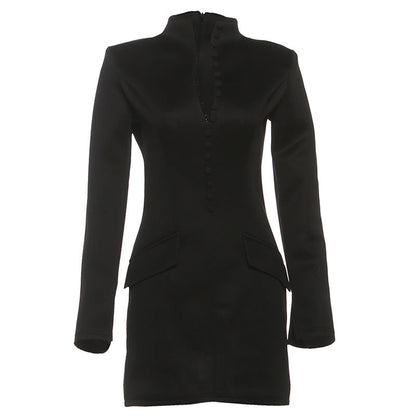 Autumn Winter Women Elegant Sexy Waist Trimming Hip Skirt Solid Color Long Sleeve Dress by Ragazza