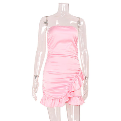 Elegant Women Clothing French Sexy Tube Top Backless Pleating Lace Niche Dress Short Dress by Ragazza