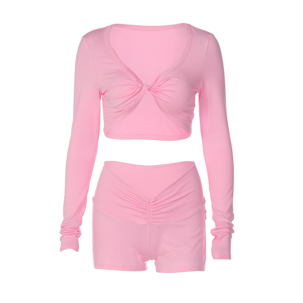 Winter Solid Color Twisted Long Sleeved Top Tight Shorts Sports Casual Set for Women 