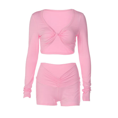 Winter Solid Color Twisted Long Sleeved Top Tight Shorts Sports Casual Set for Women 