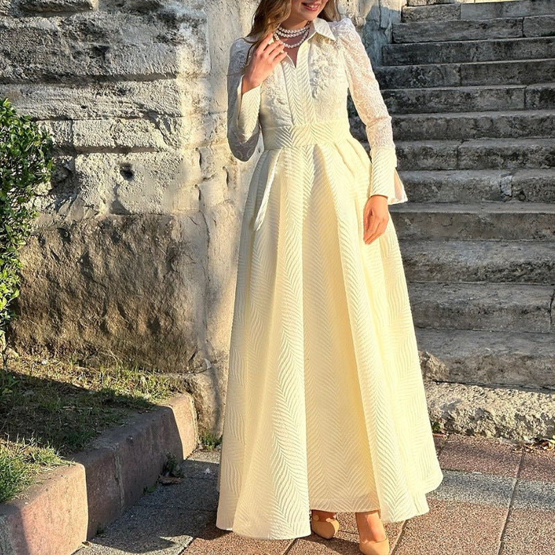 White Front Chest Floral Beads Lace Yarn French Retro Long Sleeve Slim Dress by Ragazza