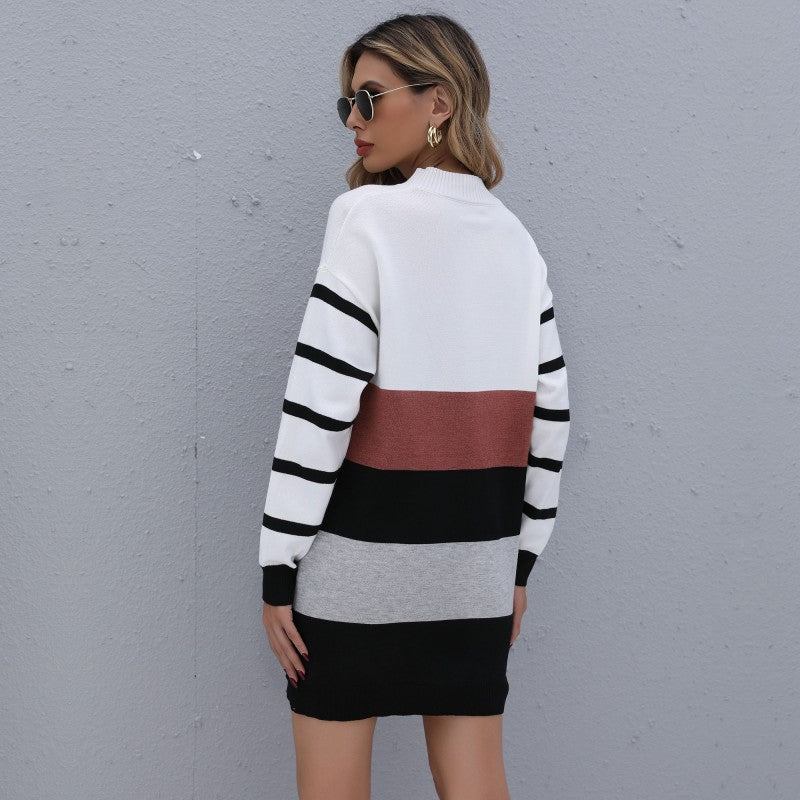 Women Clothing Autumn Winter Color Matching Fashionable Long Knitted Base Sweater Dress  DestGlow