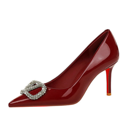Sexy Red Background Patent Leather Rhinestone V Buckle Decorative Pointed Low Cut Slip on Stiletto Heel  DestGlow