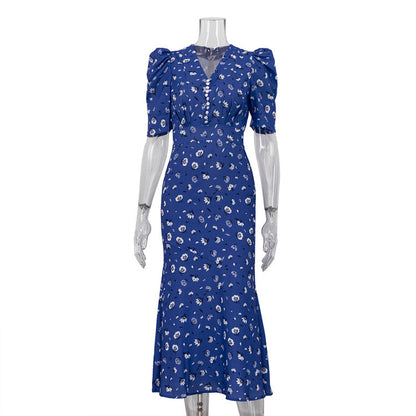 Women Clothing Digital Printing Summer French Short Sleeve Dress V neck Pleated High Waist Floral Maxi Dress by Ragazza