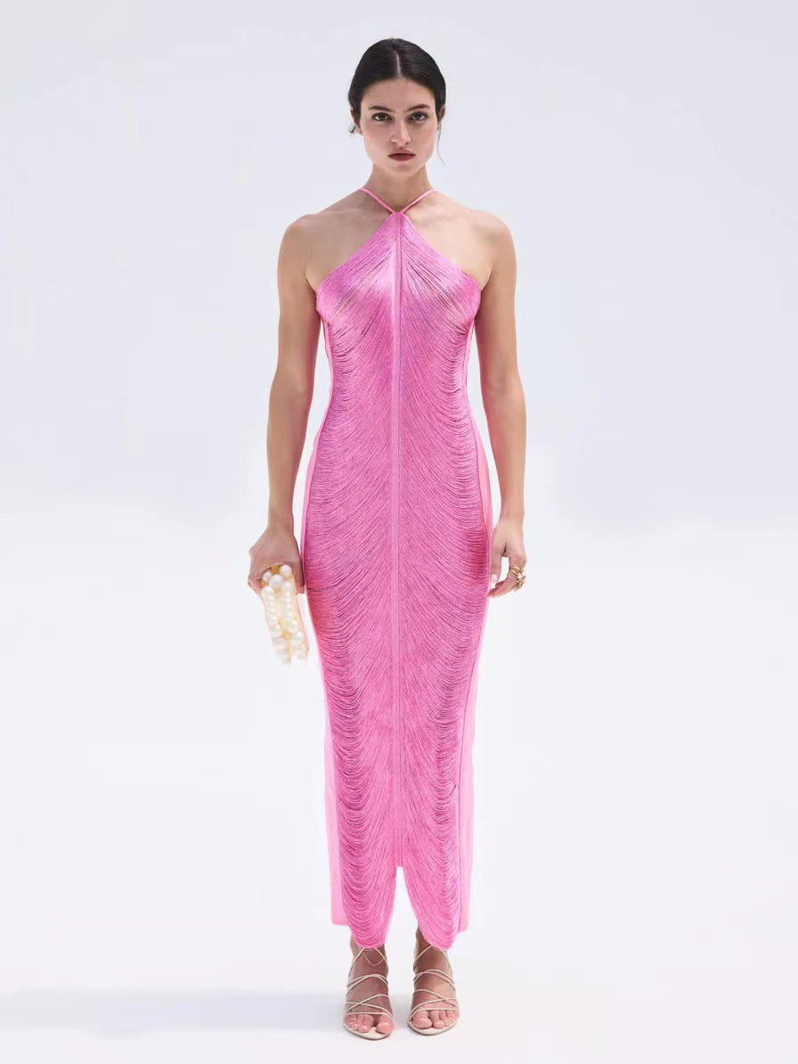Women Tassel Back Slit Halter Dress  DestGlow